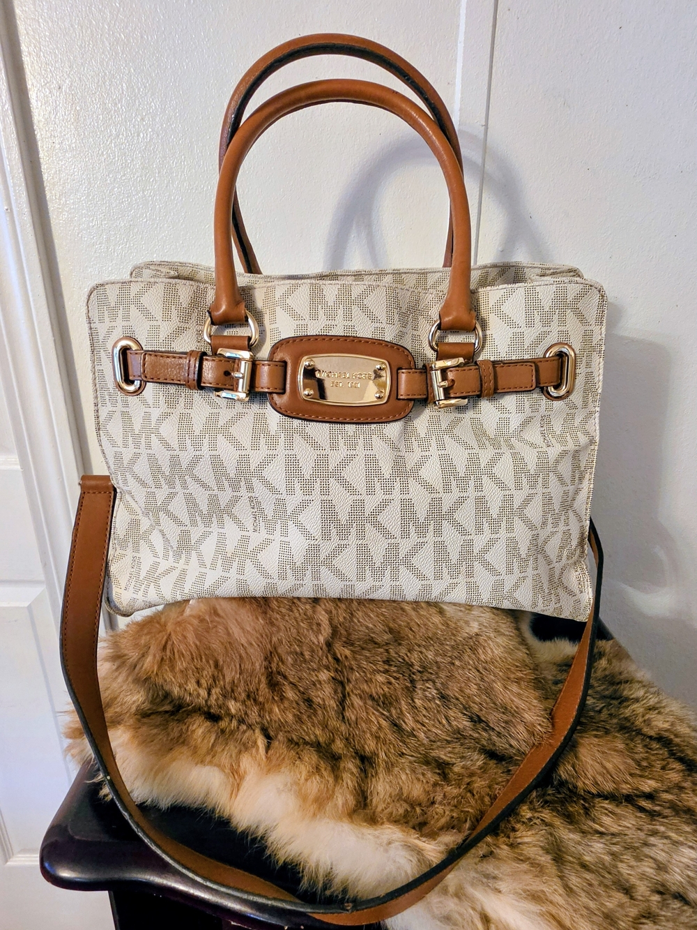 MICHAEL KORS Beige Logo Satchel with Brown Leather Trim